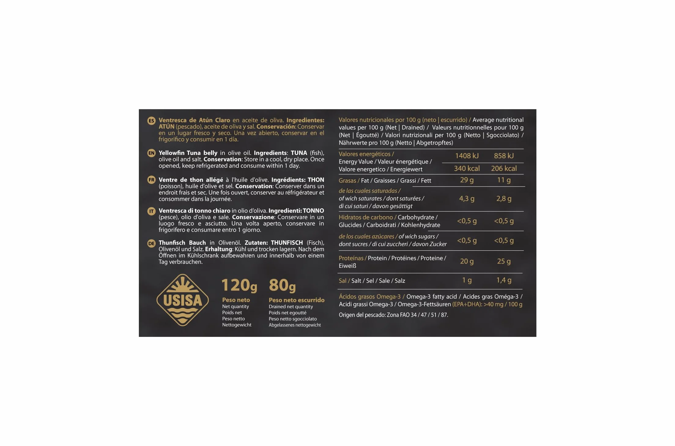 USISA Ventresca de Atún Claro en Aceite de Oliva 5 Latas 120g