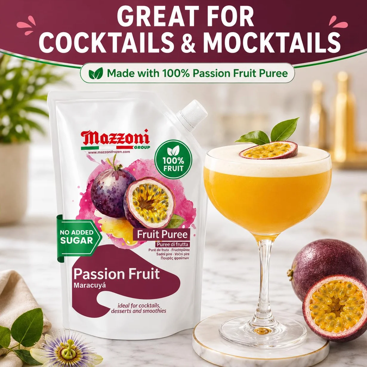 Mazzoni - Puré de zumo de maracuyá, 100% maracuyá, 2,2 libras (35,2 onzas) Solo fruta, sin azúcar añadido, sin semillas. Mezclador de frutas real para cócteles, batidos, bebidas, zumo de fruta, bolsa