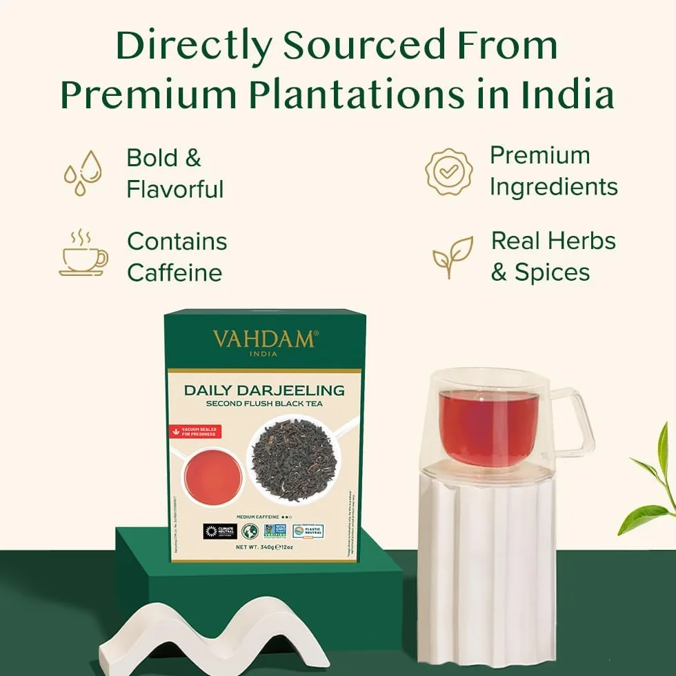 VAHDAM, Hojas De Té Negro Darjeeling De Himalaya - 340g (+170 Tazas) Té Darjeeling Puro | Rico Y Aromatico | De Hojas Sueltas De Grado De La India | Te Negro Granel