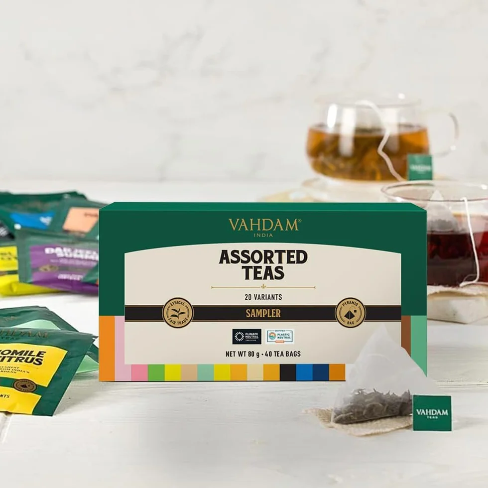 VAHDAM Caja de Regalo de Té Surtida 20 Sabores 40 Bolsas Verde Hierbas Negro Chai