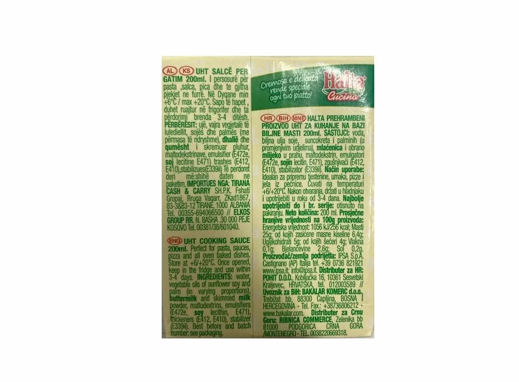 Halta Cucina Preparato Alimentare UHT 200 ml cremosa para cocina pasta salsas pizza
