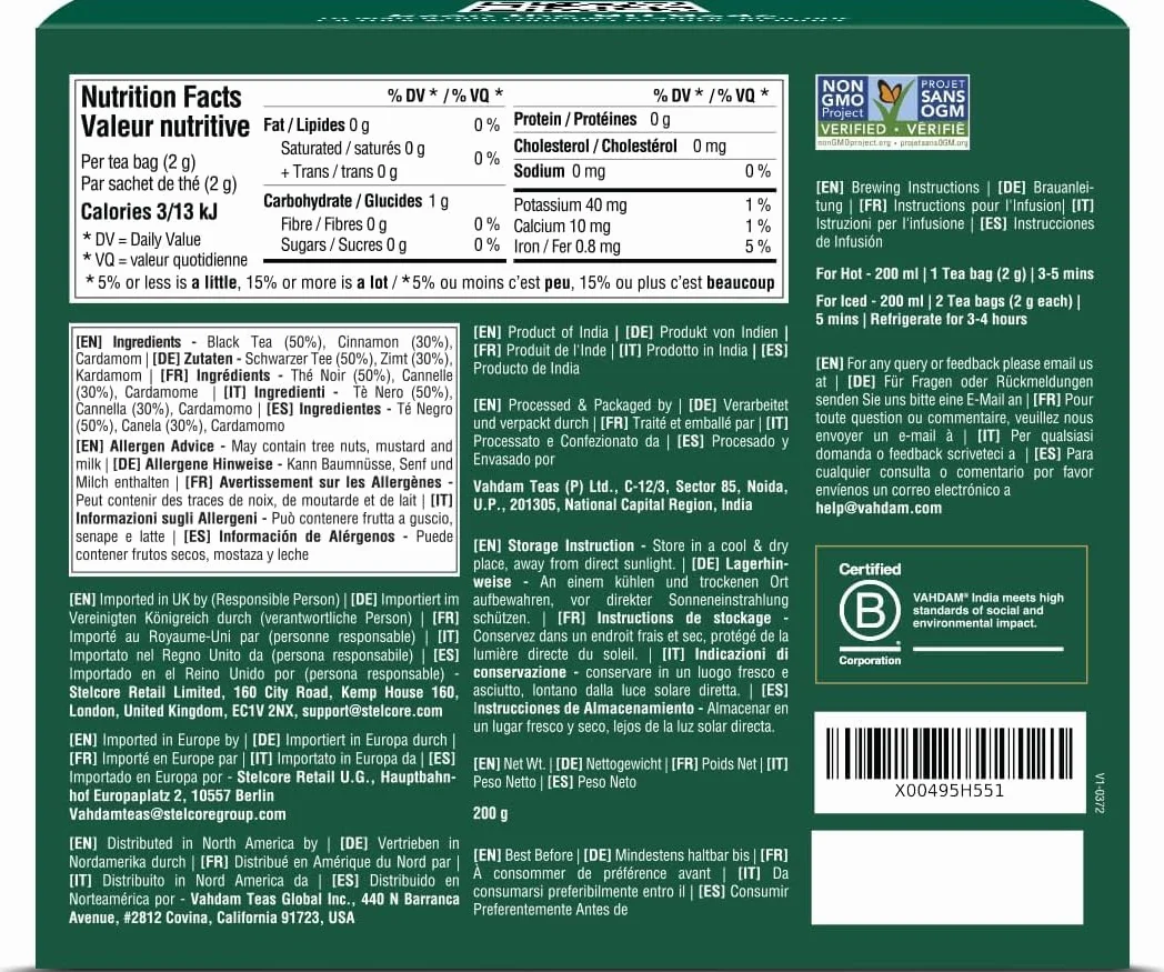 VAHDAM Té Chai de Canela Dulce | 100 Bolsitas Piramidales | Mezcla de Té Negro Assam con Canela y Cardamomo | Sabor Chai Especiado | Sellado al Vacío para Frescura