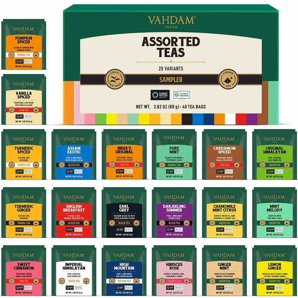 VAHDAM Caja de Regalo de Té Surtida 20 Sabores 40 Bolsas Verde Hierbas Negro Chai