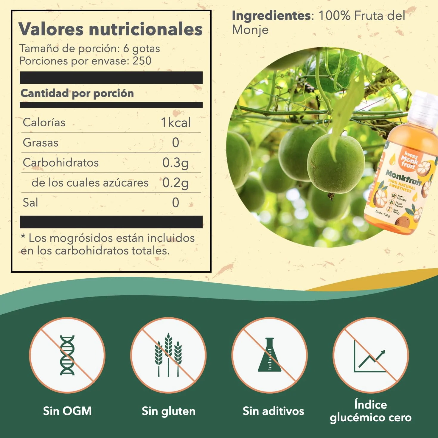 Happy Monkfruit® Fruta del Monje Gotas Edulcorante 75ml 250 Porciones 15x Más Dulce que el Azúcar Sin Eritritol ni Stevia Endulzante Natural Keto Vegano