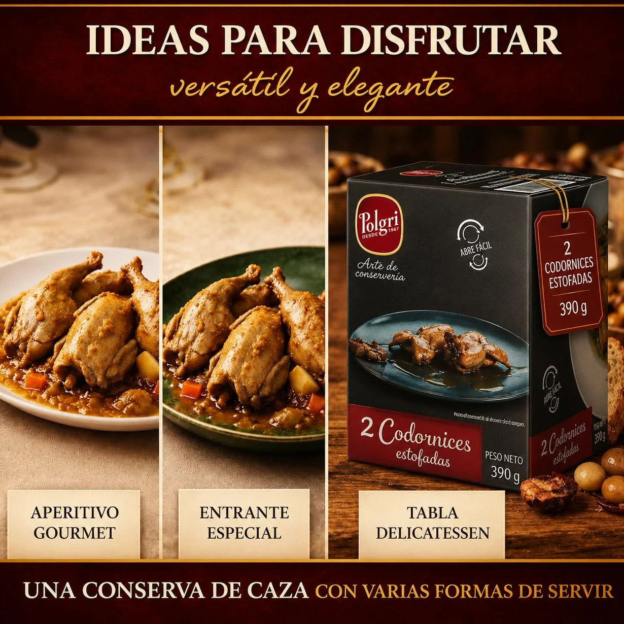 POLGRI Codornices Estofadas Toledana Conserva de Caza 390 g x 3 Latas Estuchada Plato Preparado Receta Espanola