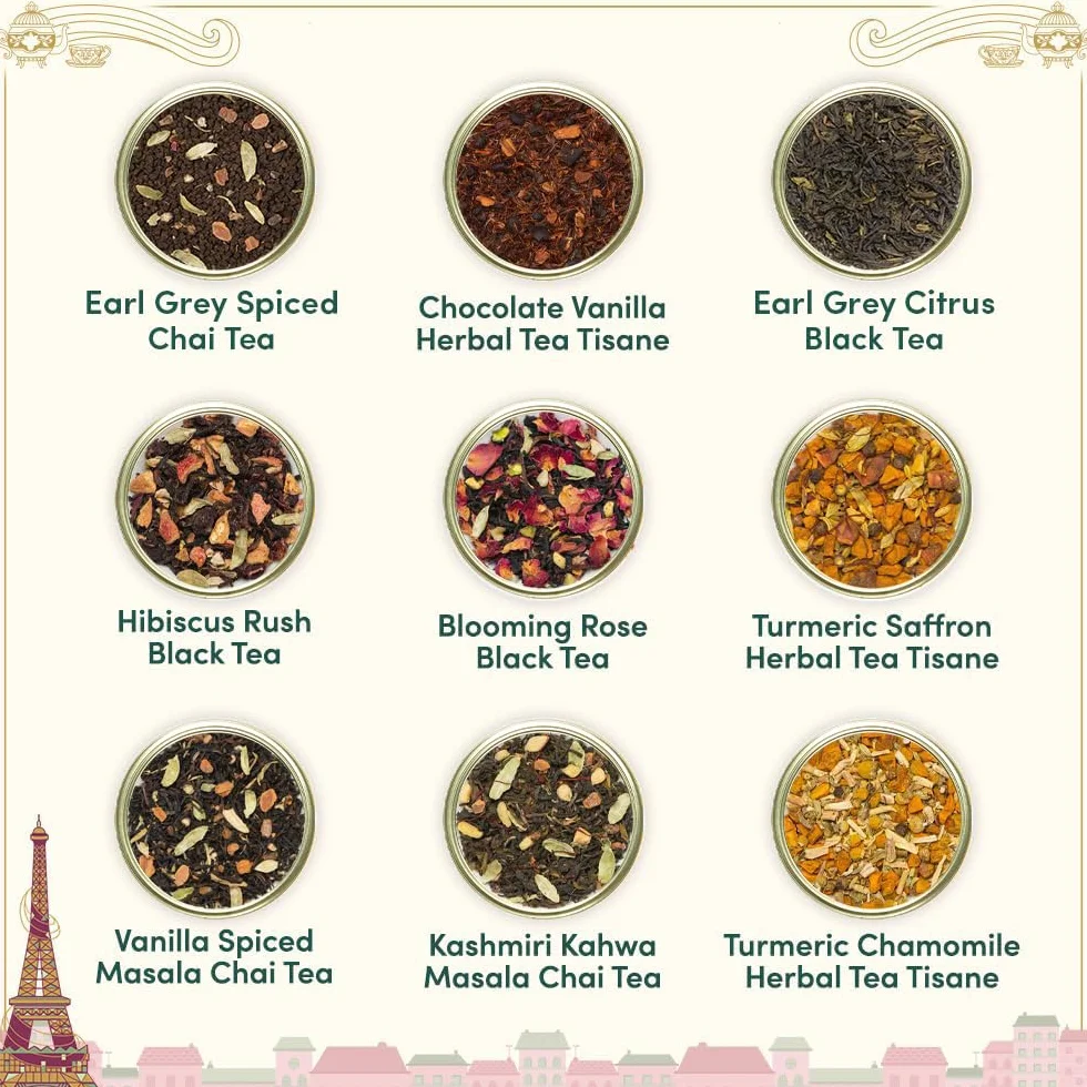 VAHDAM Weekend In Paris Caja De Regalo De Té Surtido 9 Infusiones Té Chai Y Tés Negros Sin Gluten Sin OGM