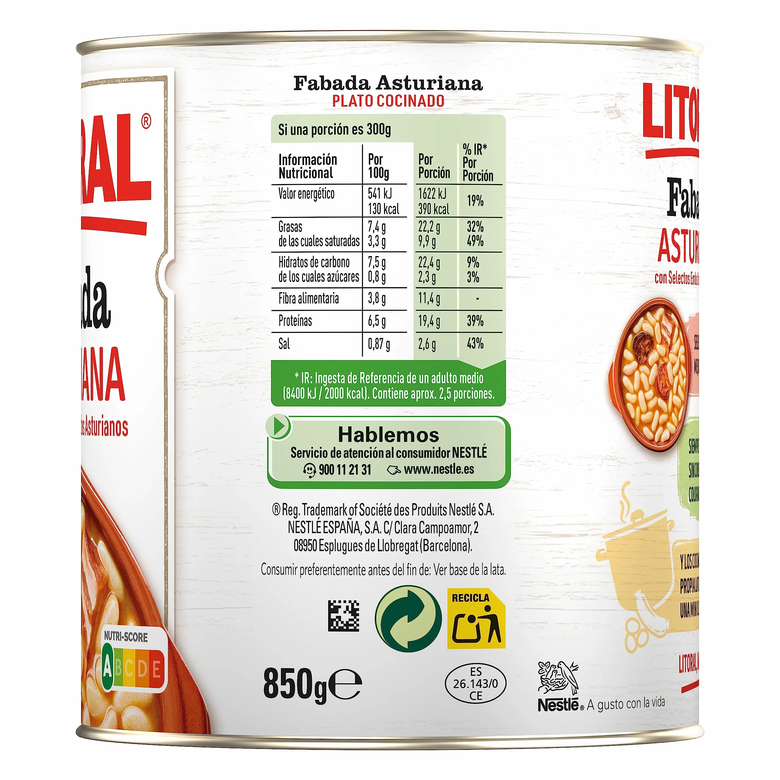 LITORAL Fabada Asturiana Plato Preparado Sin Gluten 6x850g