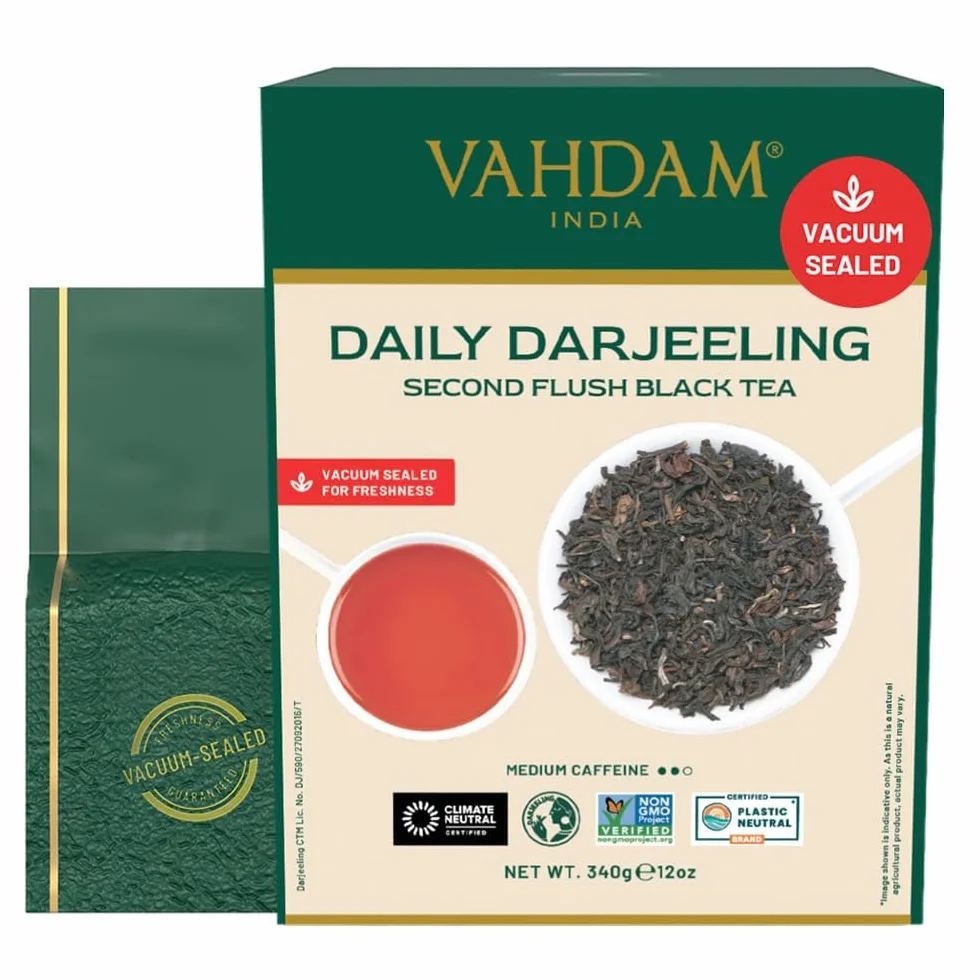 VAHDAM, Hojas De Té Negro Darjeeling De Himalaya - 340g (+170 Tazas) Té Darjeeling Puro | Rico Y Aromatico | De Hojas Sueltas De Grado De La India | Te Negro Granel