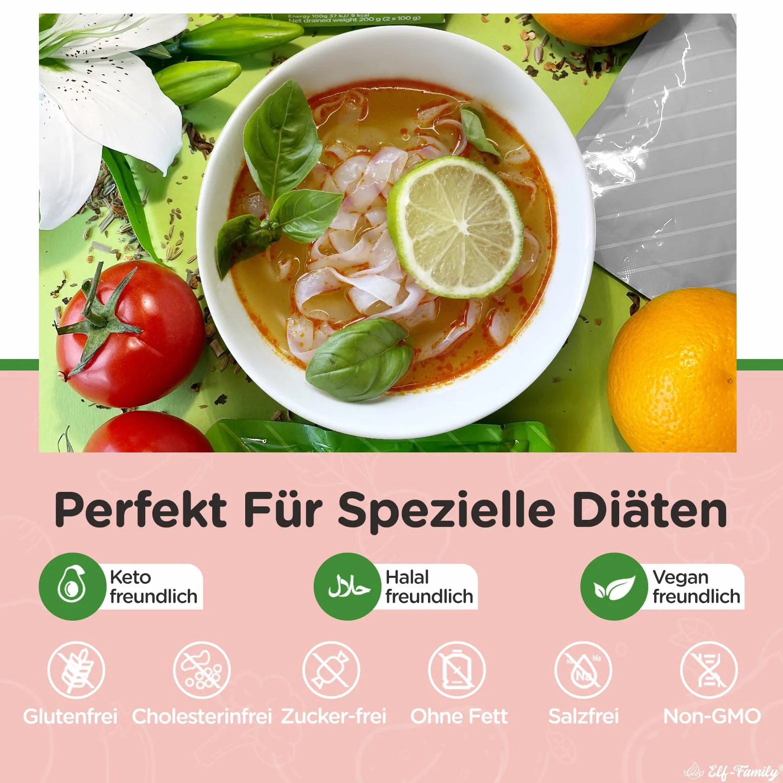 Elf-Family 3+3 Mixto Premium Shirataki Noodles Slim 9kcal Bajo en Carbohidratos, Konjac, Keto, Vegano, Sin Gluten, Sin Azúcar - Spaghetti/Fideos de Cristal/Arroz