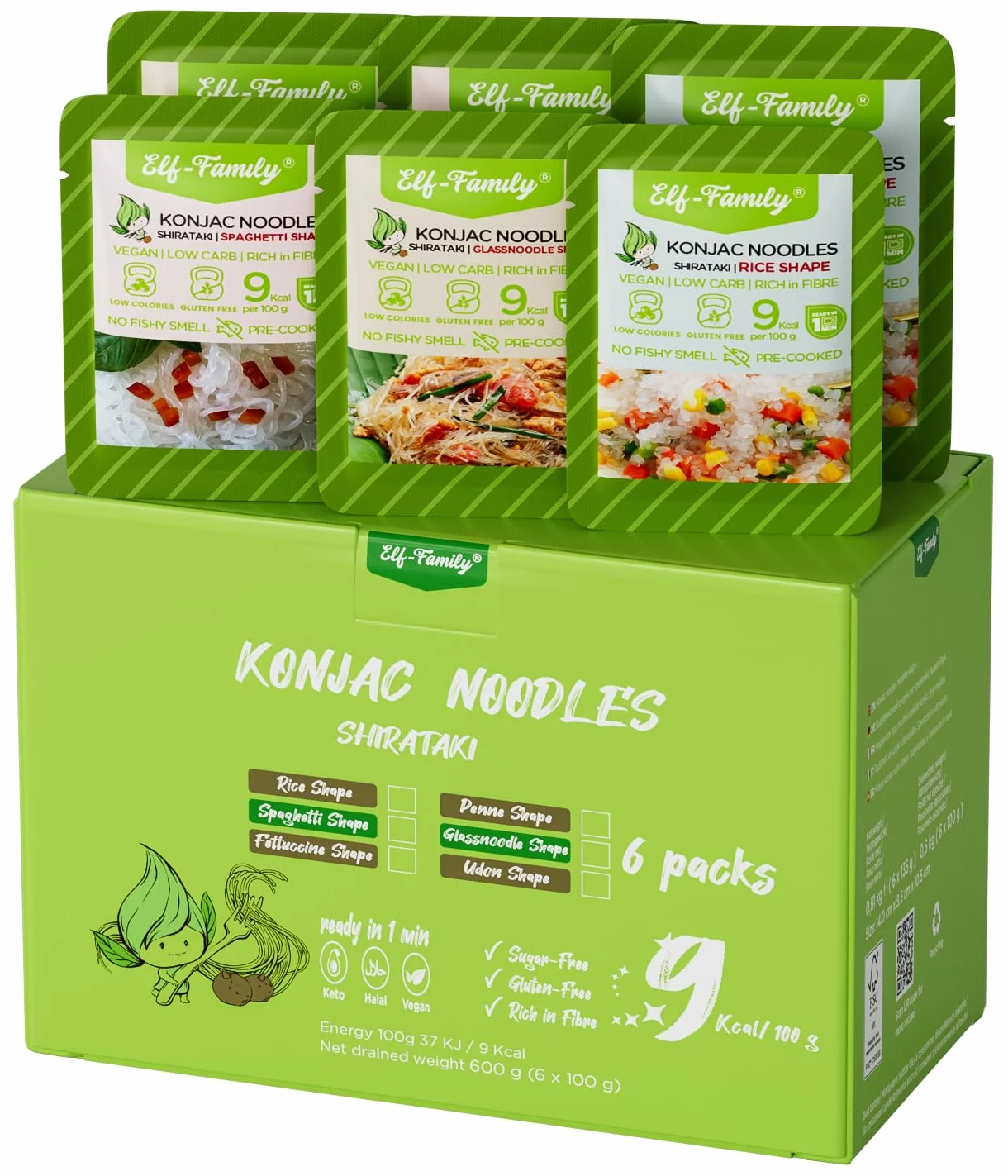 Elf-Family 3+3 Mixto Premium Shirataki Noodles Slim 9kcal Bajo en Carbohidratos, Konjac, Keto, Vegano, Sin Gluten, Sin Azúcar - Spaghetti/Fideos de Cristal/Arroz
