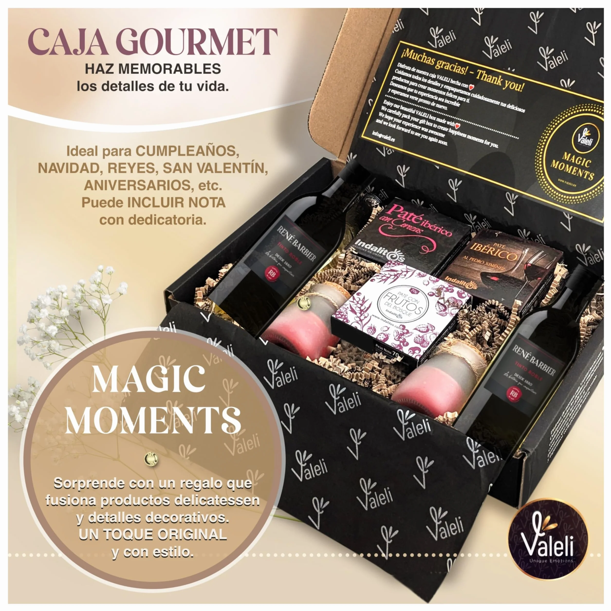 VALELI Cesta Gourmet para Regalar con Patés Ibéricos, 2 Botellas de Vino 25cl y 2 Velas Decorativas