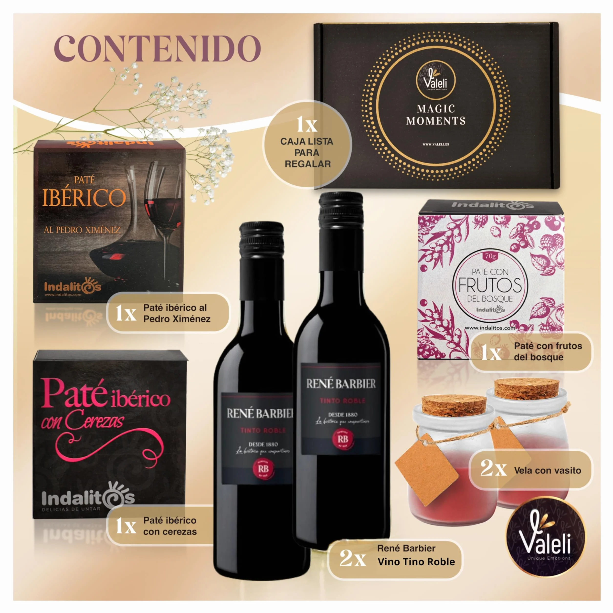 VALELI Cesta Gourmet para Regalar con Patés Ibéricos, 2 Botellas de Vino 25cl y 2 Velas Decorativas