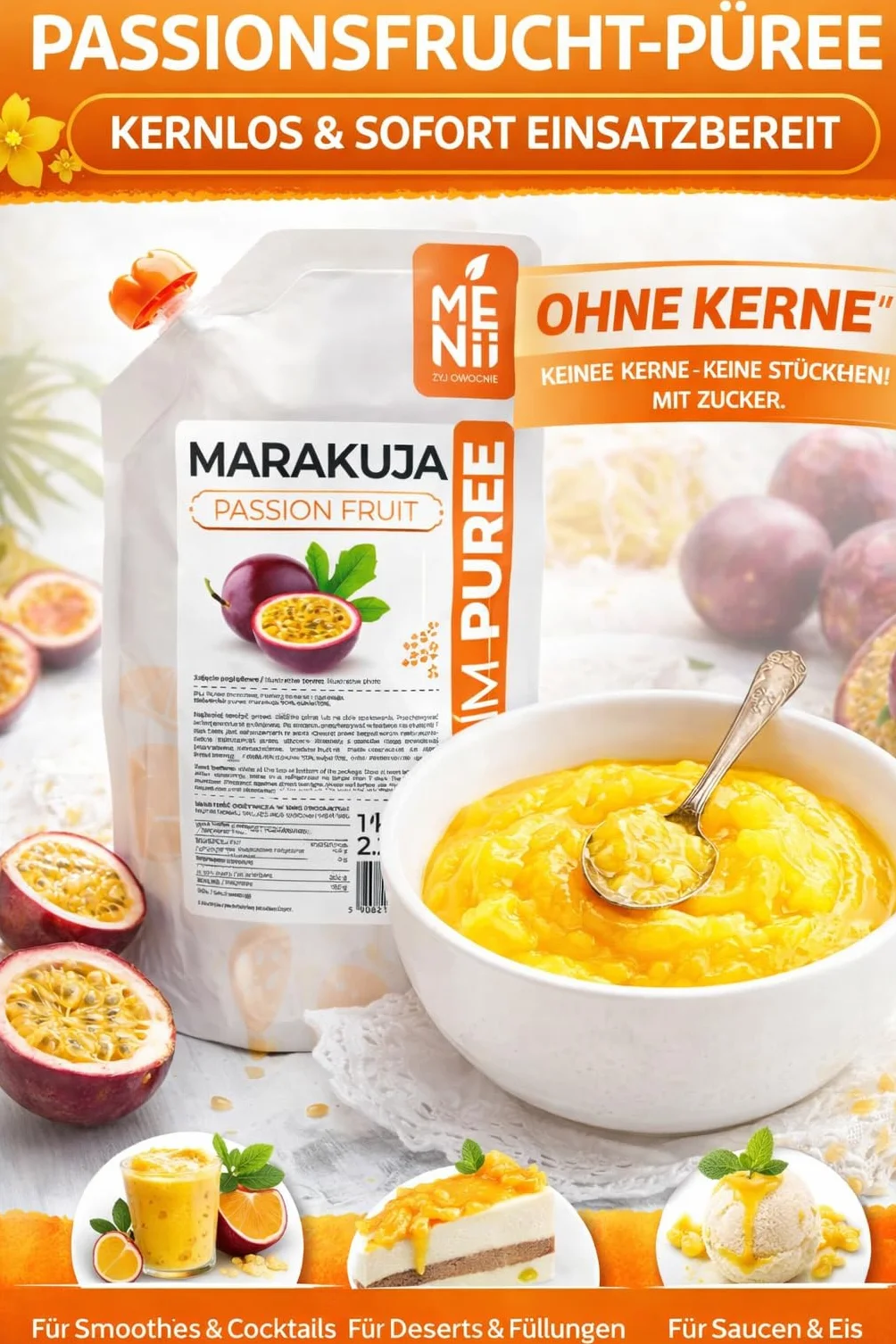 Puré de maracuyá 1 kg con azúcar – SIN semillas – Fruta tropical triturada para postres, helados, smoothies, cócteles, salsas y repostería – Formato profesional para hostelería y cocina casera