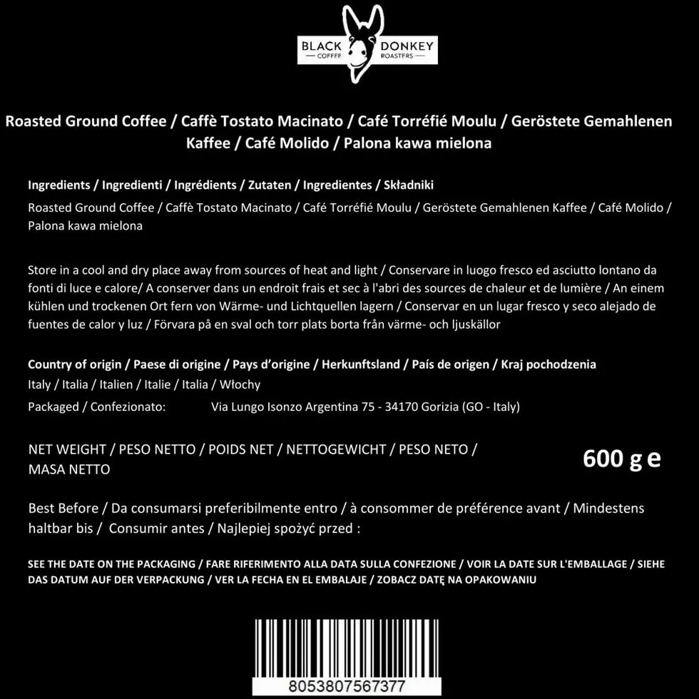 Black Donkey Café Molido Natural Origen Único 600g (6x100g) No Torrefacto