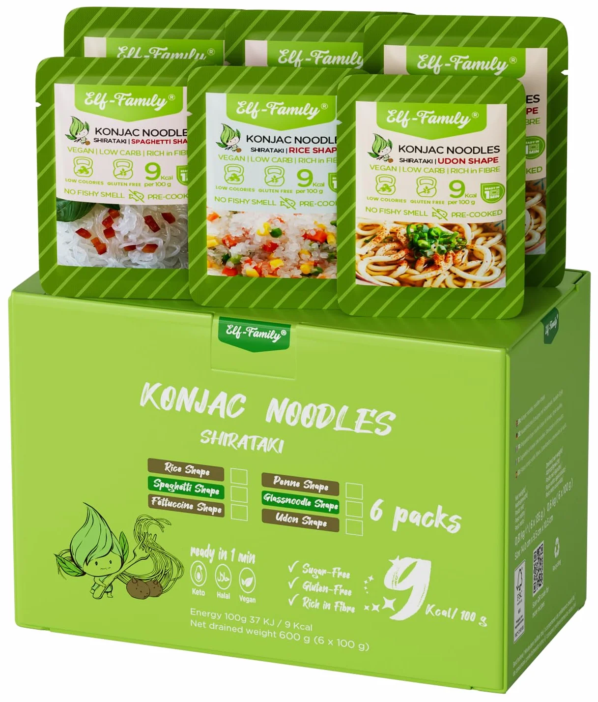 Elf-Family Shirataki Noodles Premium 9kcal Bajo en Carbohidratos Konjac Keto Vegano Sin Gluten Sin Azúcar Spaghetti Arroz Udon