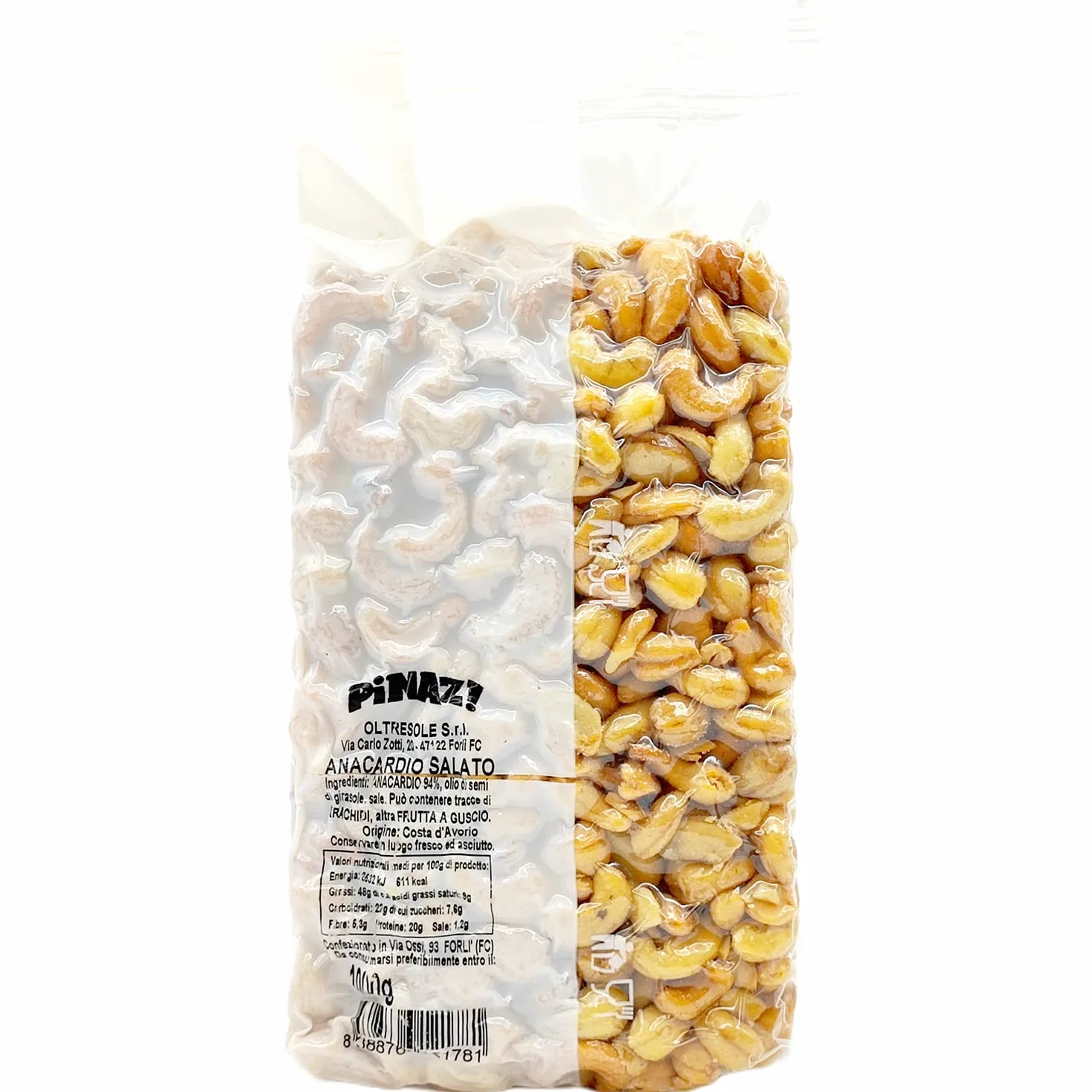 Oltresole, Anacardos Tostados y Salados 1 Kg, Snack Salado y Energético, Ideal como Snack Rápido, Frutos Secos Seleccionados envasados al Vacío, Fuente de Proteínas, Fibra y Minerales