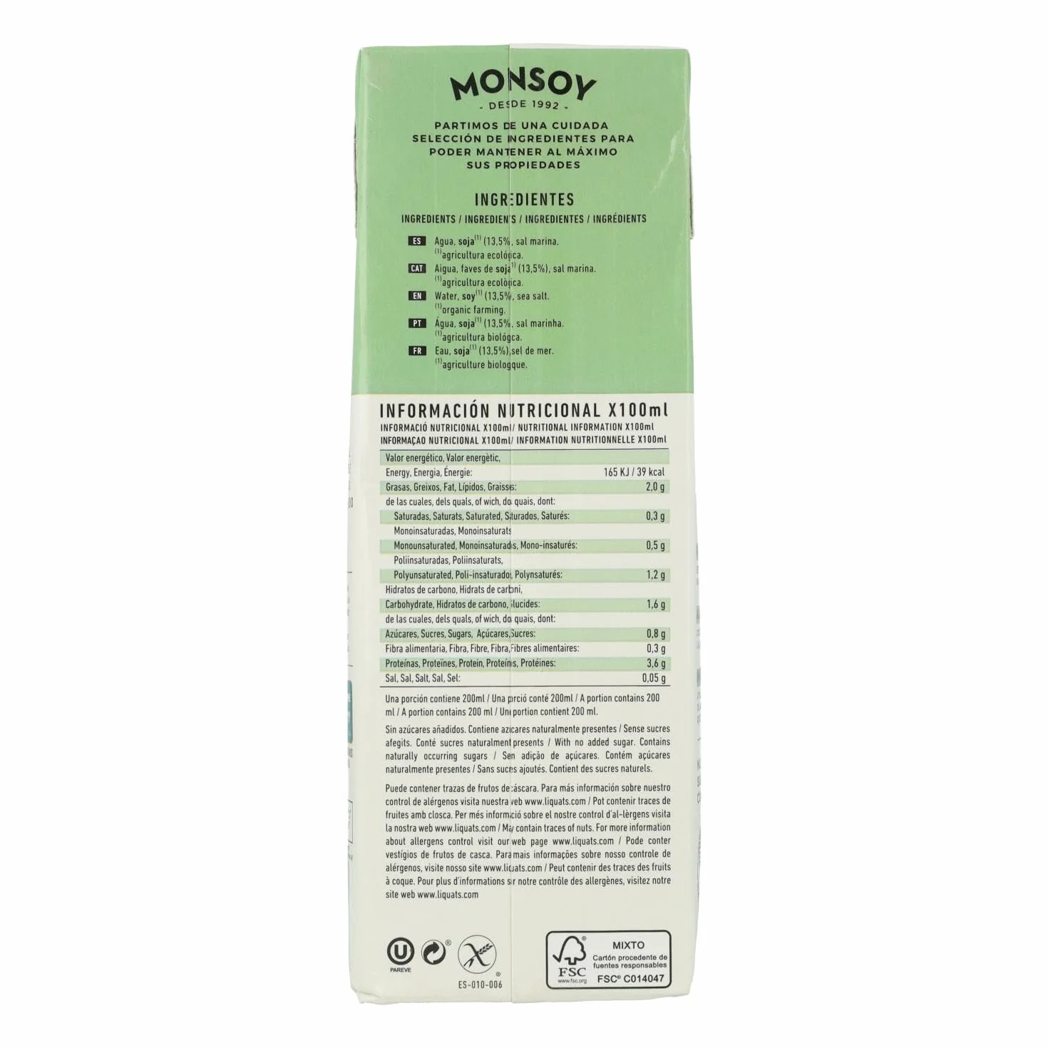 Pack 6ud Bebida Soja BIO Monsoy, 1L