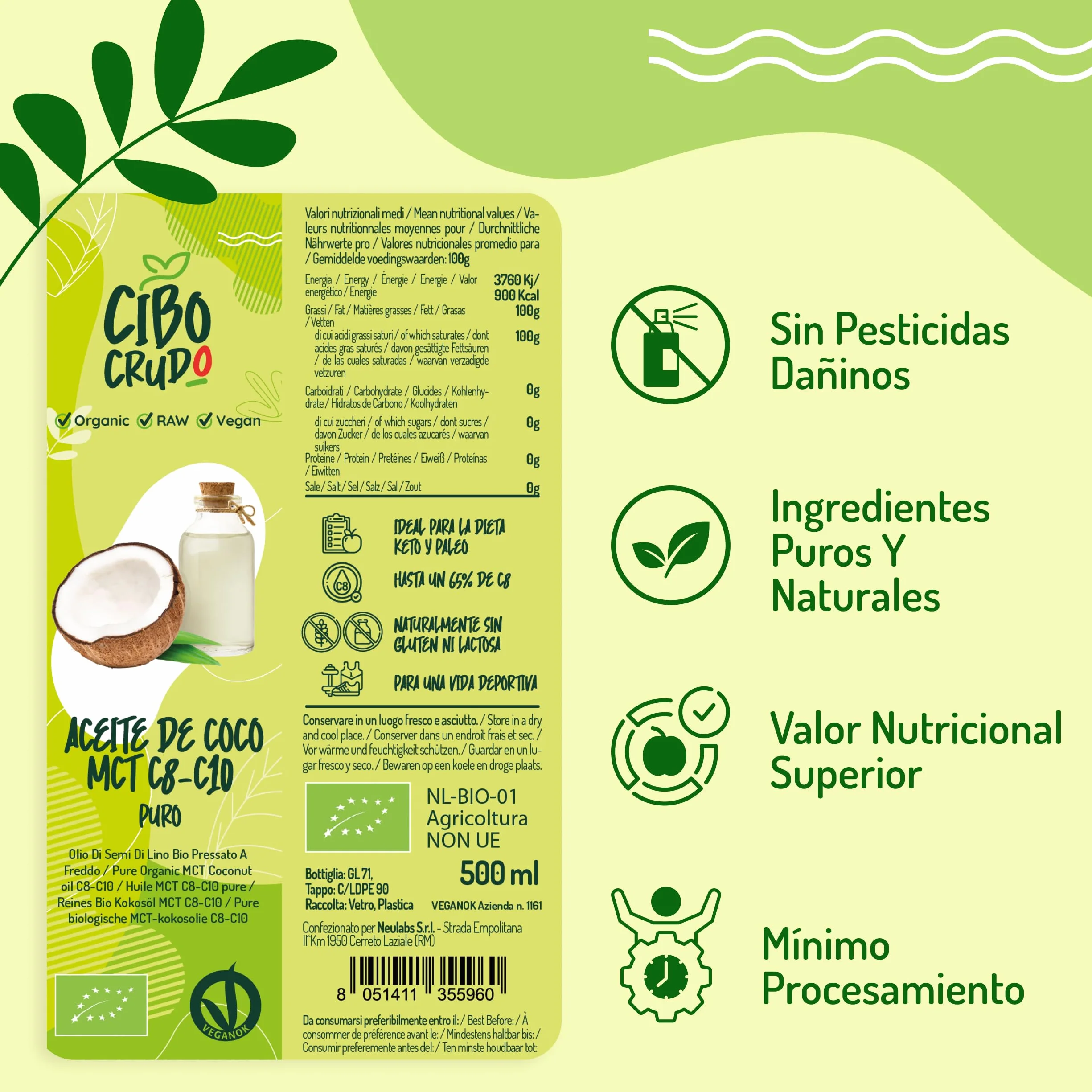 Aceite MCT C8 C10 de Coco Orgánico Prensado en Frío 500ml - 60% C8 40% C10 Virgen Natural Puro