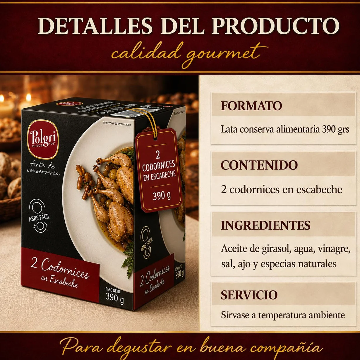POLGRI Codornices en Escabeche 3 latas 390 gr Conserva Gourmet Carne de Caza Aperitivo Premium
