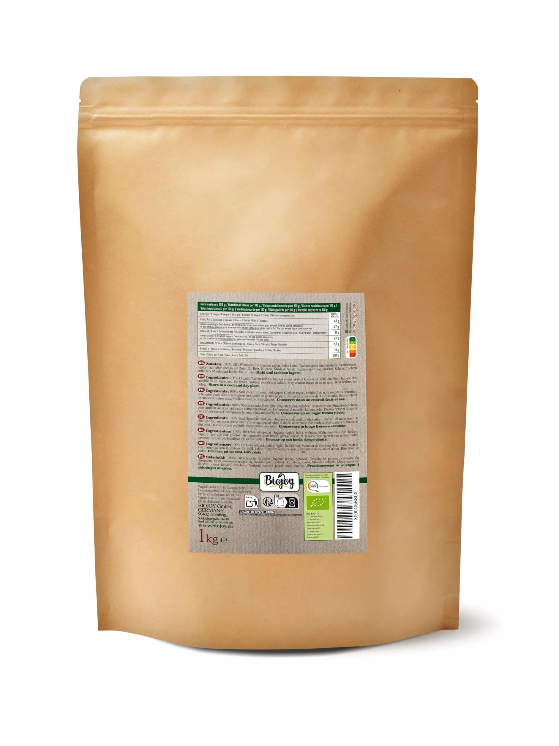 Biojoy Nueces Peladas Ecológicas (1 kg Mitades), crudas y sin aditivos (Juglans regia)