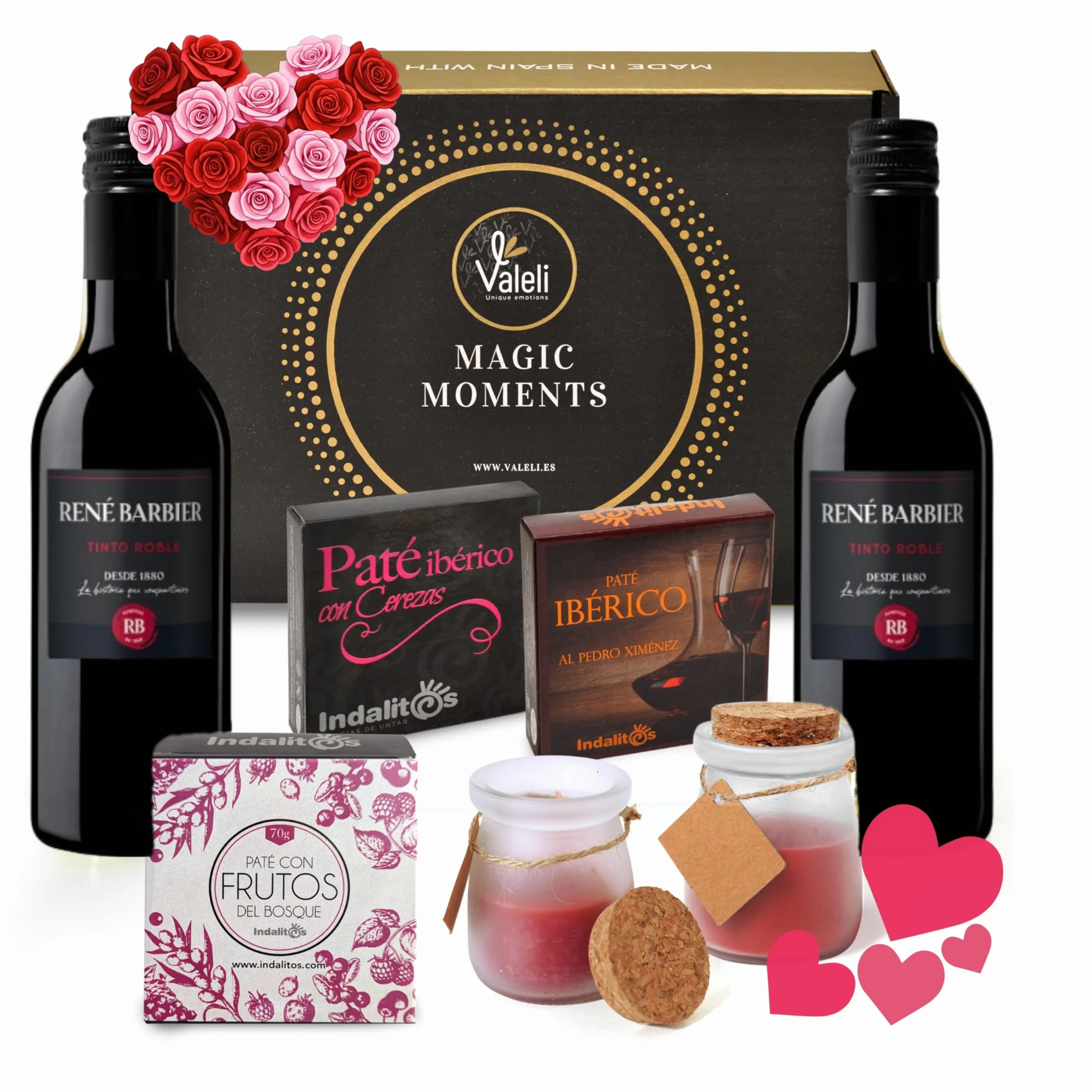 VALELI Cesta Gourmet para Regalar con Patés Ibéricos, 2 Botellas de Vino 25cl y 2 Velas Decorativas