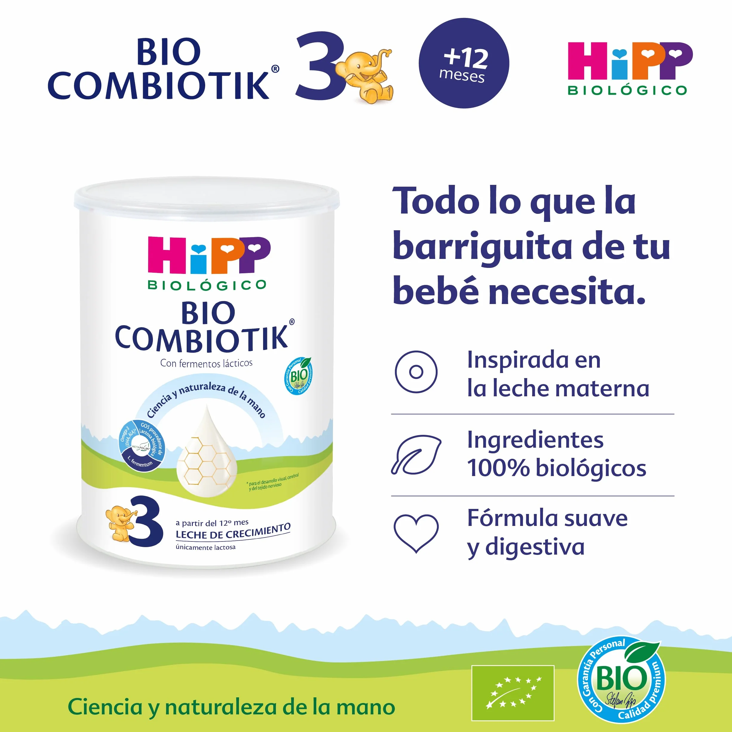 HiPP Combiotik 3 Leche para bebés Ecológica 800 gr BIO a partir 12 meses con Lactosa Omega-3 Prebióticos Vitaminas C y D Sin GMO
