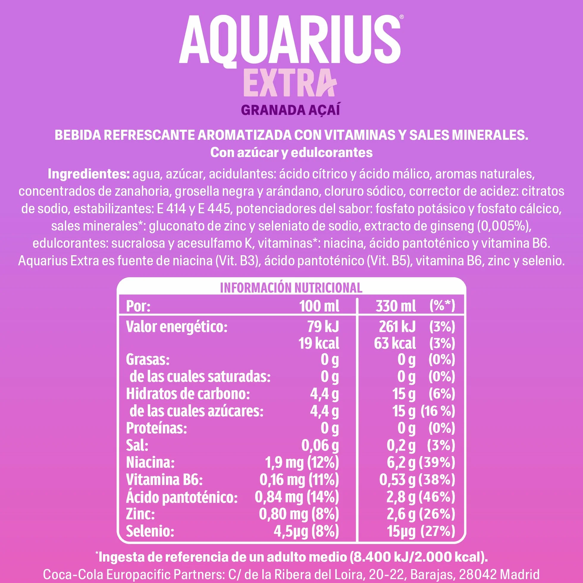 Aquarius Extra Granada Açaí, Bebida Baja en Calorías con Vitaminas B3 B5 B6, Minerales y Ginseng, Refresco Hidratante- Pack 24 Latas 330 ml